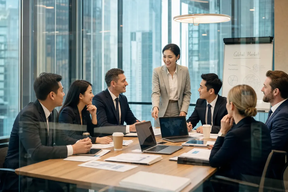 A global team collaborating around a conference table